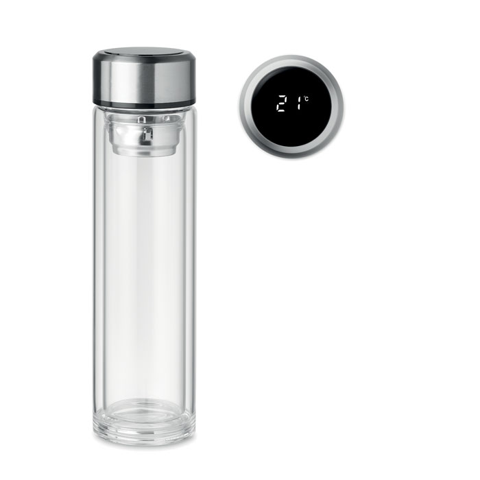 MO6169 - Botella Térmica de Vidrio con Termómetro LED e Infusor de Té 390 ml 3 en 1