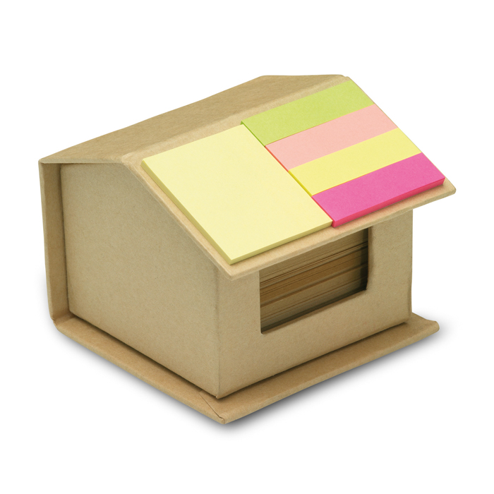 MO7304 - Set de Escritorio en Caja de Cartón en Forma de Casa con Hojas Recicladas, Notas y Banderas Adhesivas 3 en 1