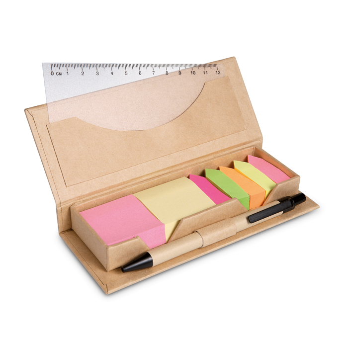 MO7756 - Set de Escritorio en Caja de Cartón con Notas y Banderas Adhesivas, Regla y Bolígrafo 4 en 1